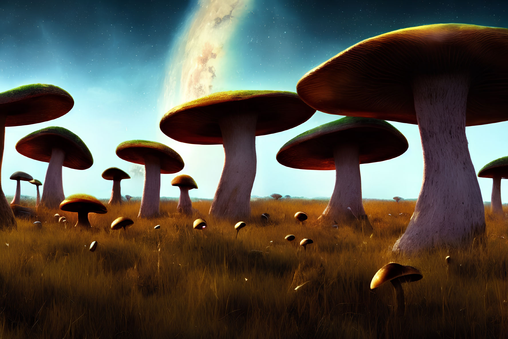 Fantastical landscape with oversized mushrooms in grassy field under galaxy sky