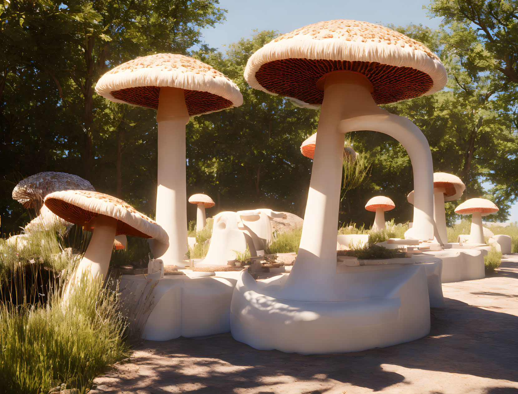 Digital Render of Oversized Mushroom Grove with Red-Capped Fungi amid Green Foliage