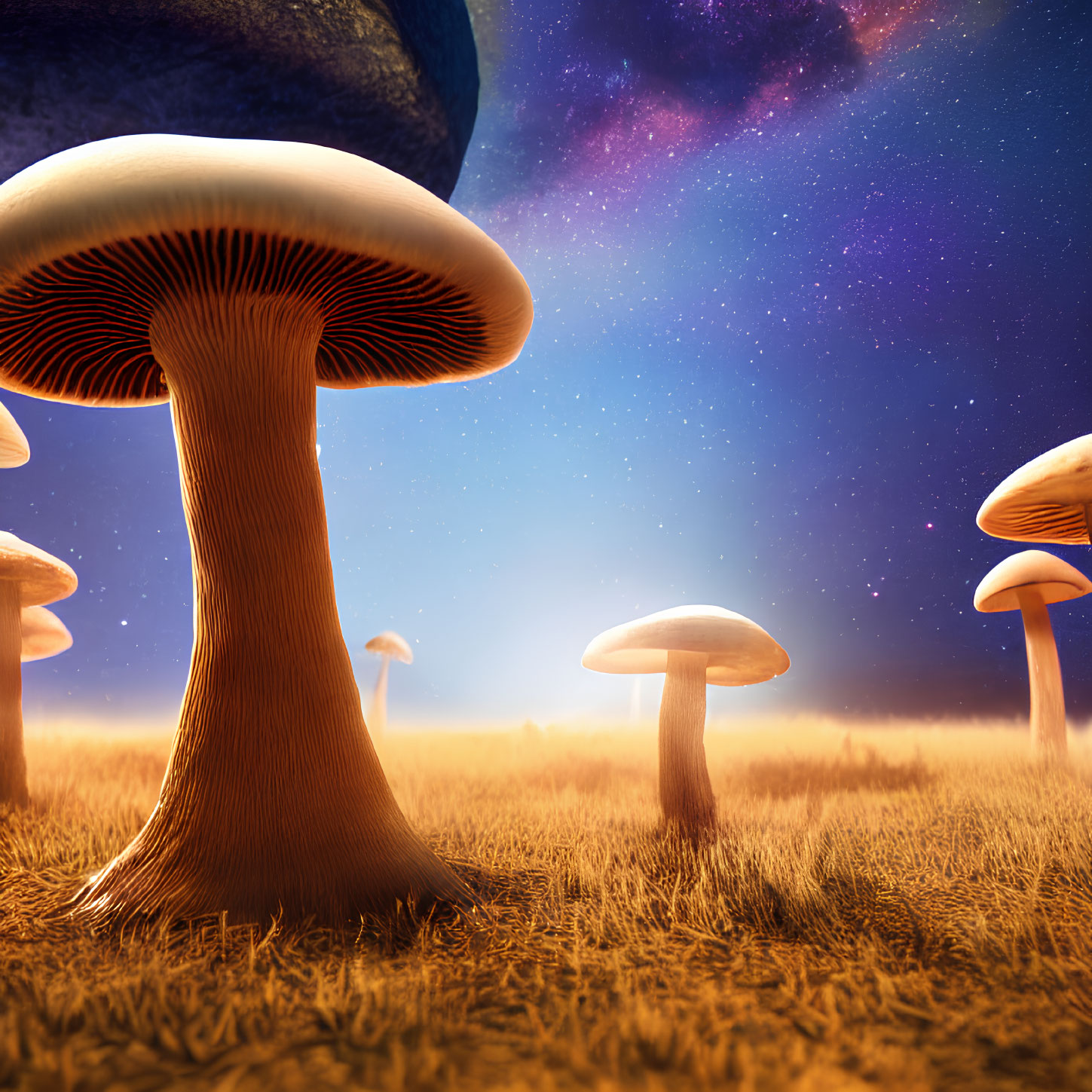 Surreal Landscape: Oversized Mushrooms, Starry Night Sky