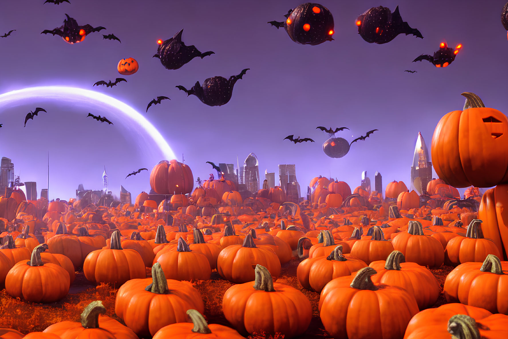Colorful Halloween Illustration with Bats, Pumpkins, City Skyline, and Glowing Horizon