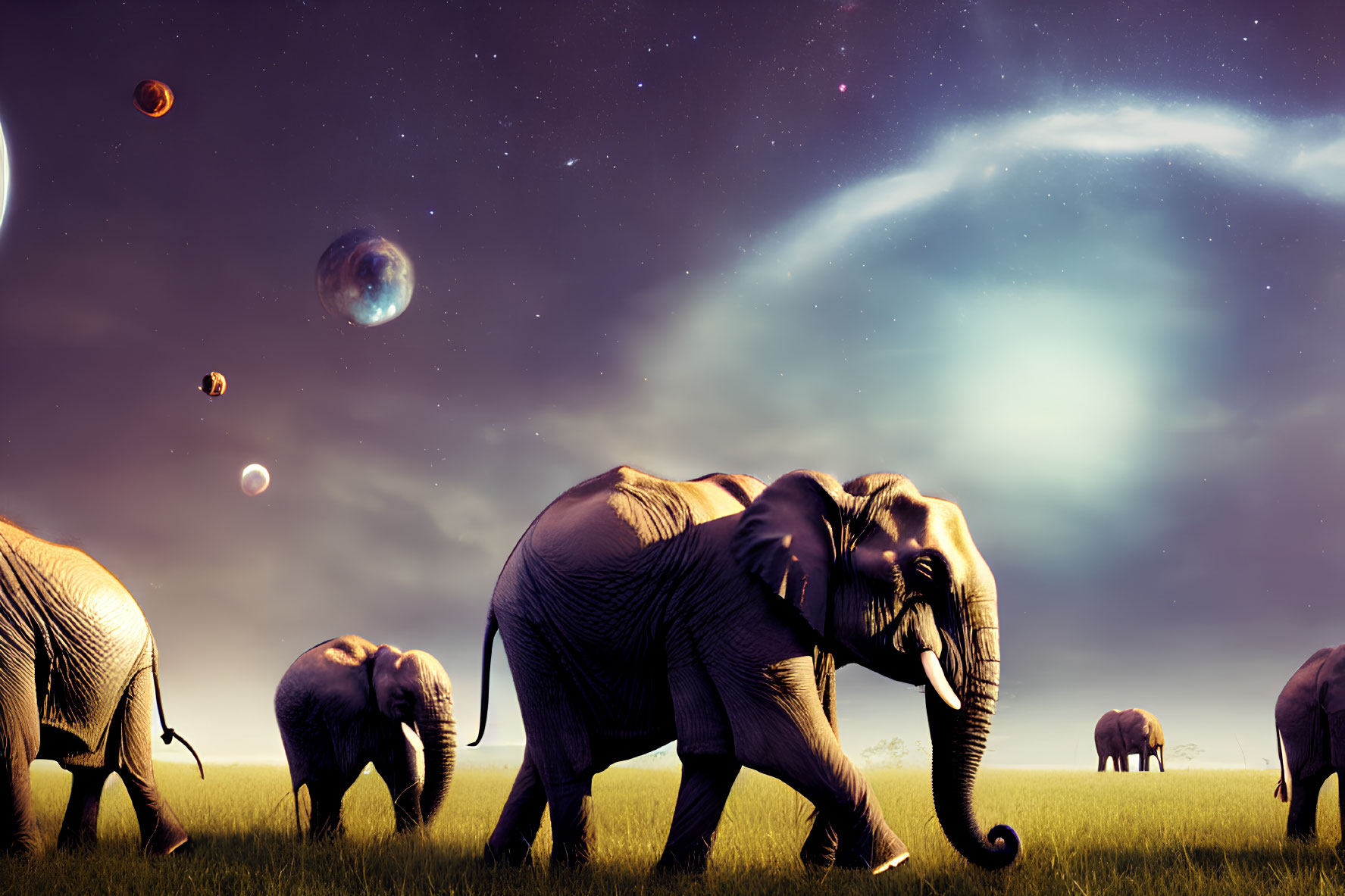 Elephants walking under starry sky with galaxies and planets