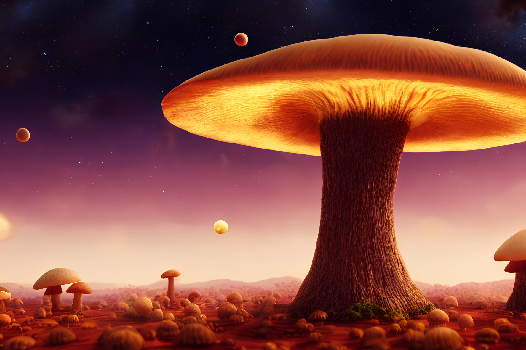 Surreal landscape featuring oversized mushrooms under dusky sky