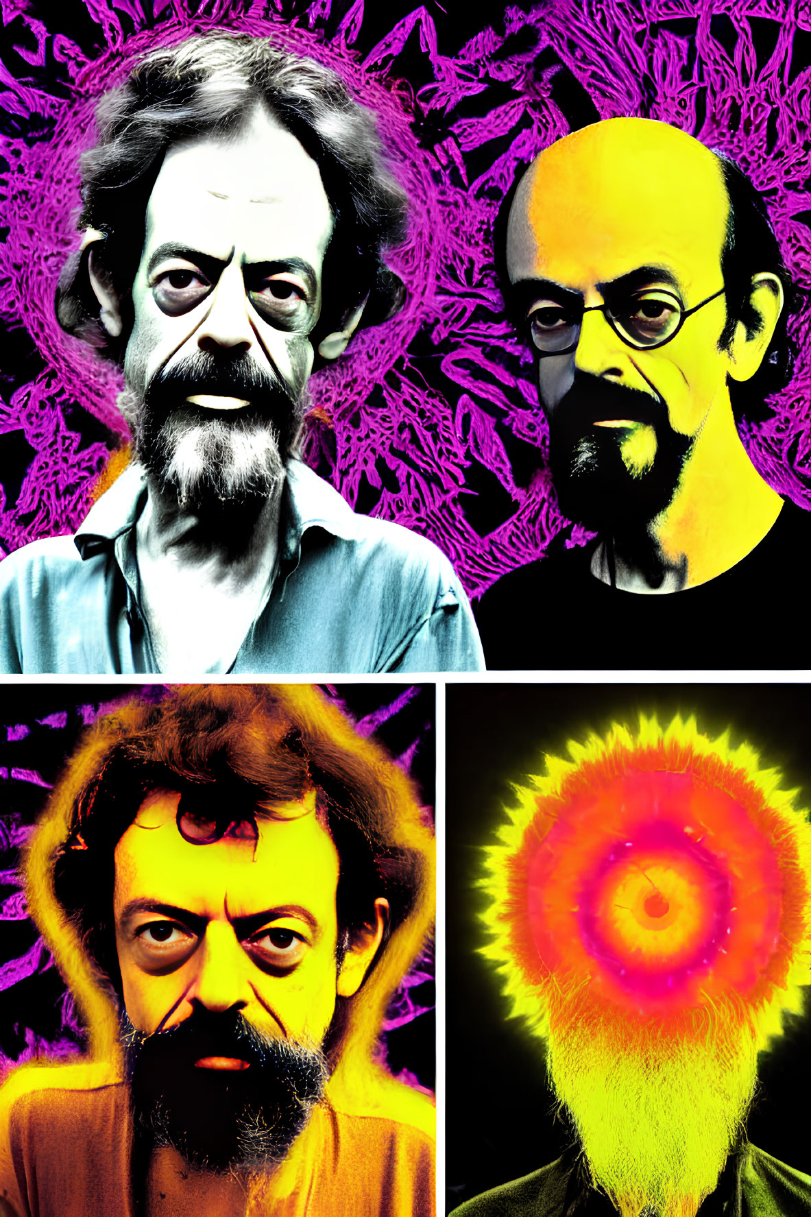 Stylized portraits of a man with beard and glasses on vibrant backgrounds