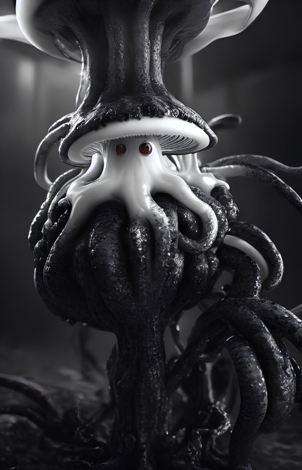 Octopus and Chess Pawn Hybrid Creature with Red Eyes on Dark Background