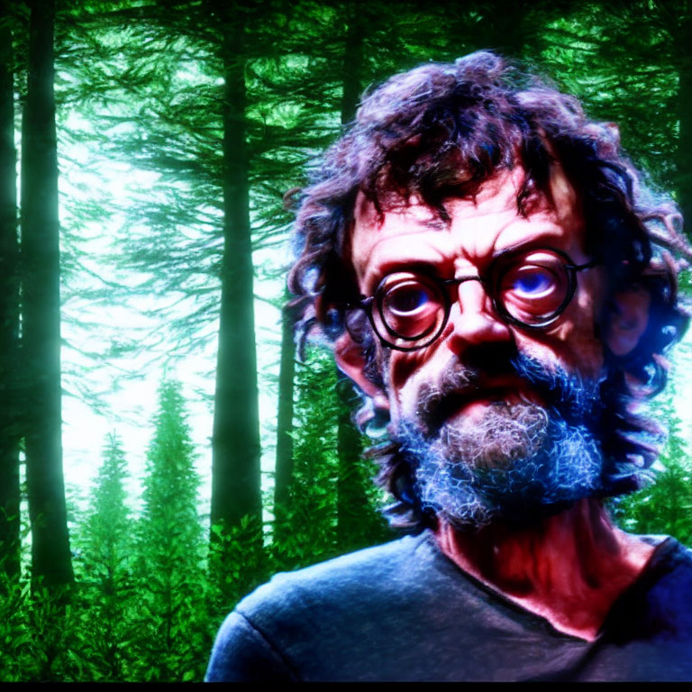 Man with Round Glasses and Scruffy Beard in Illuminated Forest