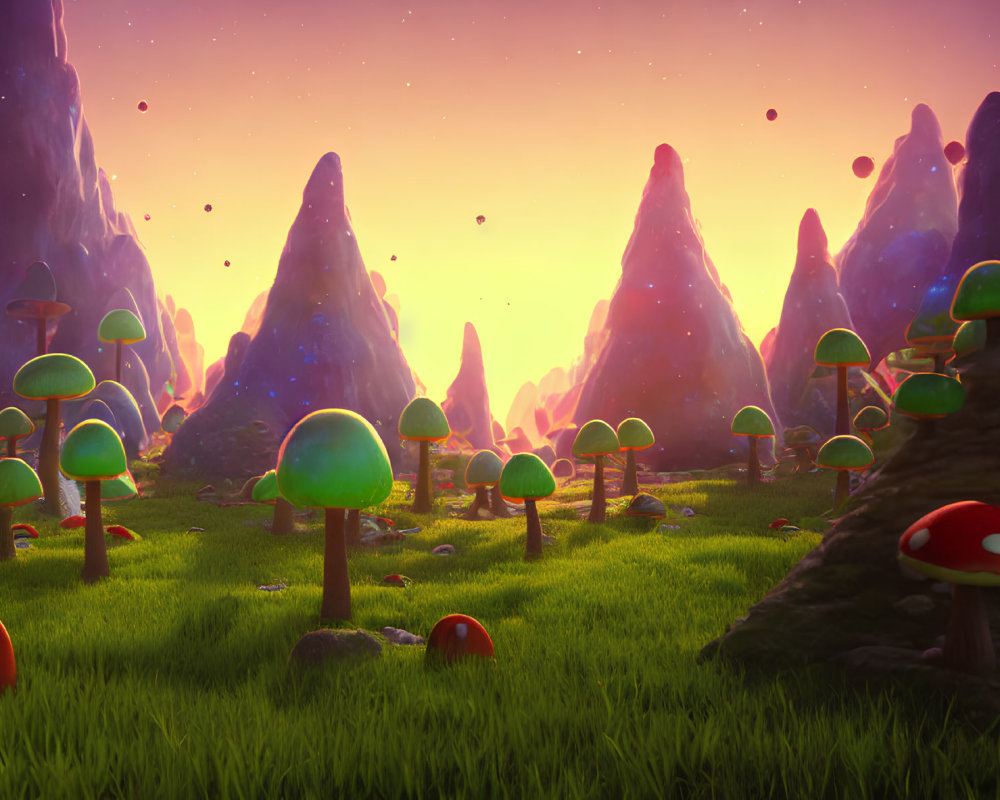 Colorful Mushroom and Towering Spires in Fantasy Landscape
