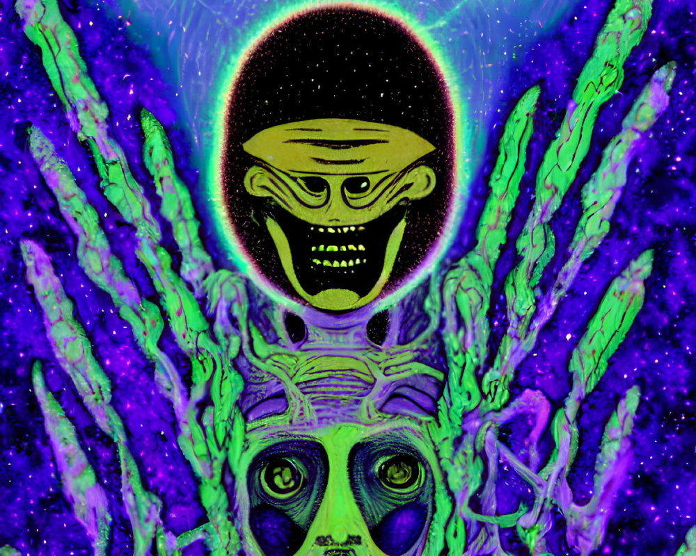 Vibrant psychedelic image of three alien faces on cosmic background