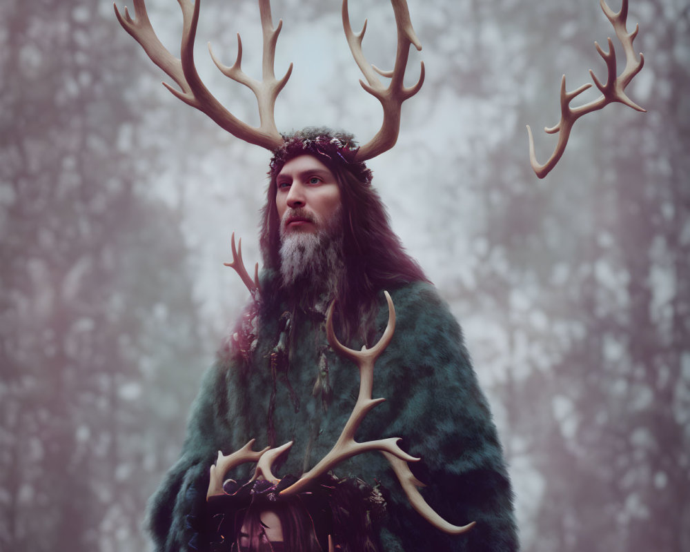 Person in Forest-Themed Attire with Large Antlers in Misty Woods