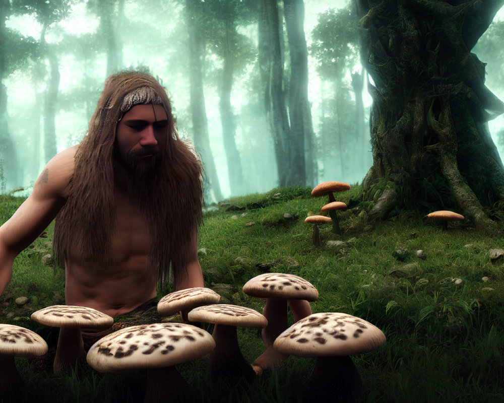 Bearded man foraging large spotted mushrooms in misty forest