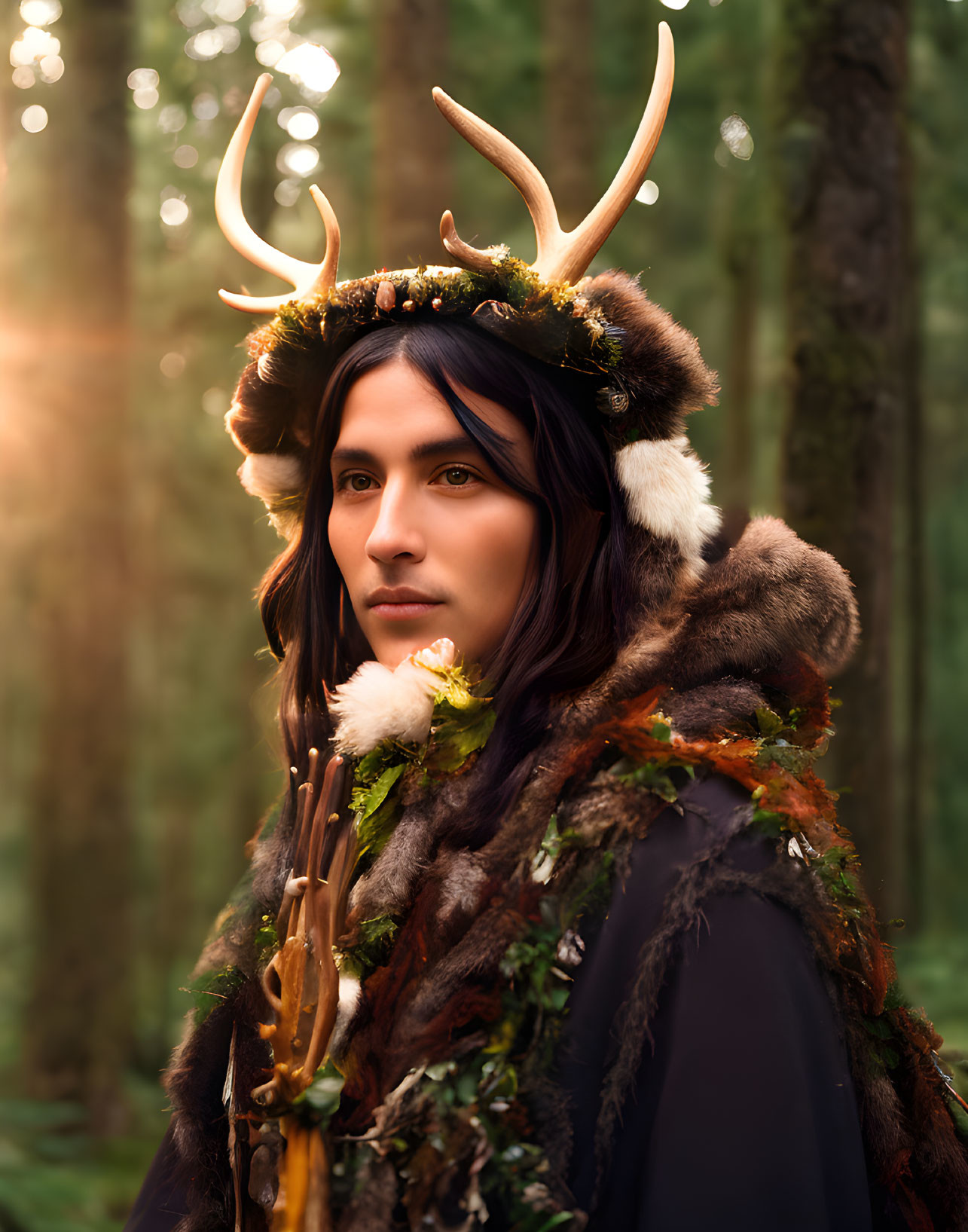 Person in forest wearing antler headdress with fur and greenery, looking contemplative