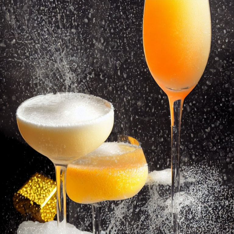 Frothy Cocktails in Coupe and Flute Glasses on Dark Background