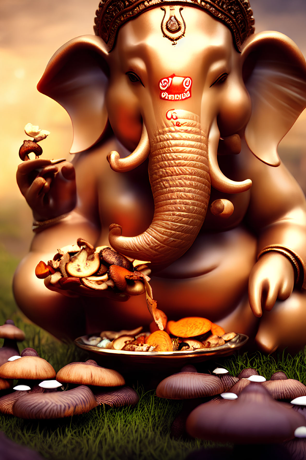 Vibrant Hindu deity Ganesha with mouse, mushrooms, and sweets