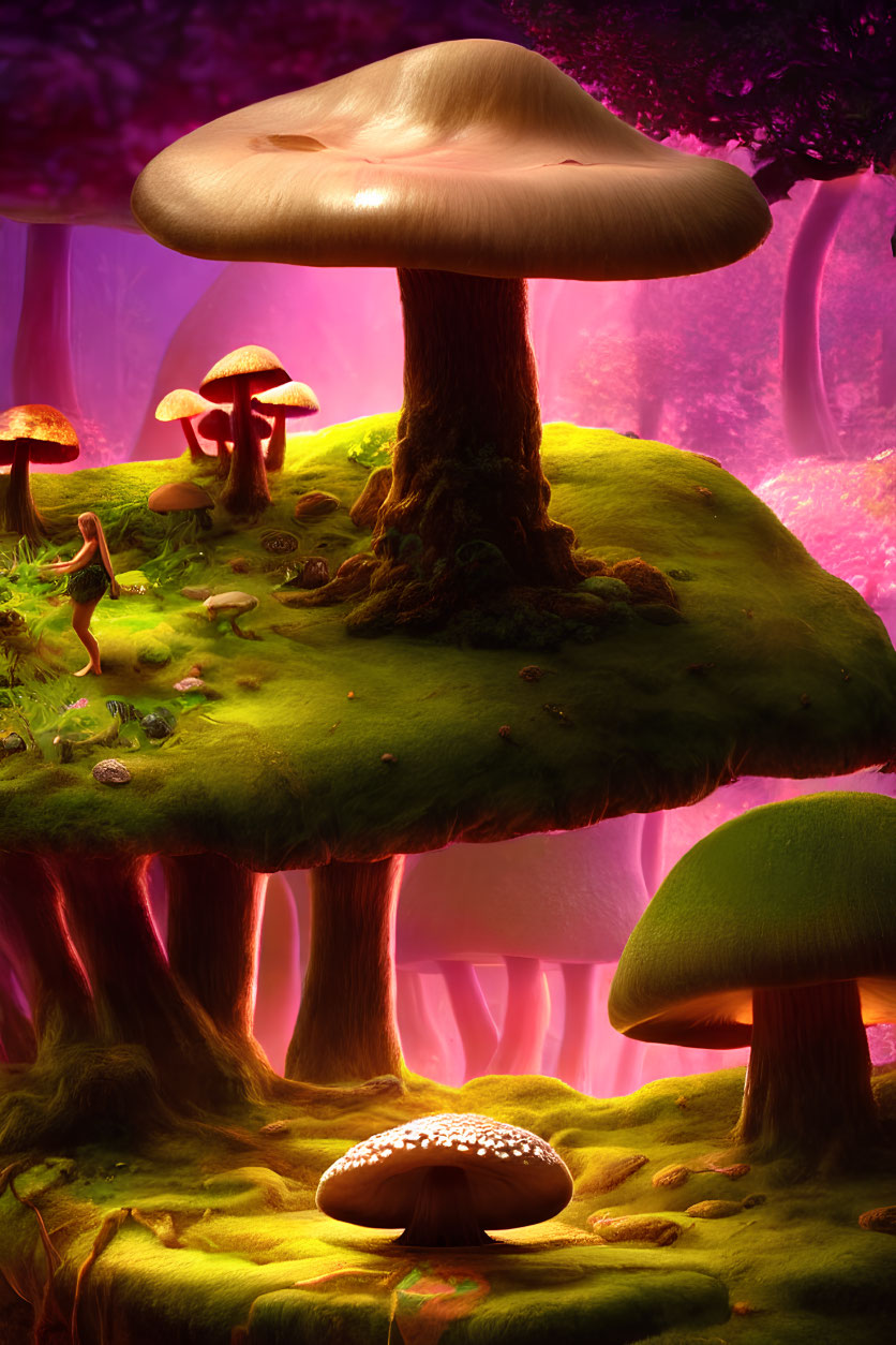 Enchanted forest with oversized mushrooms in pink-purple glow