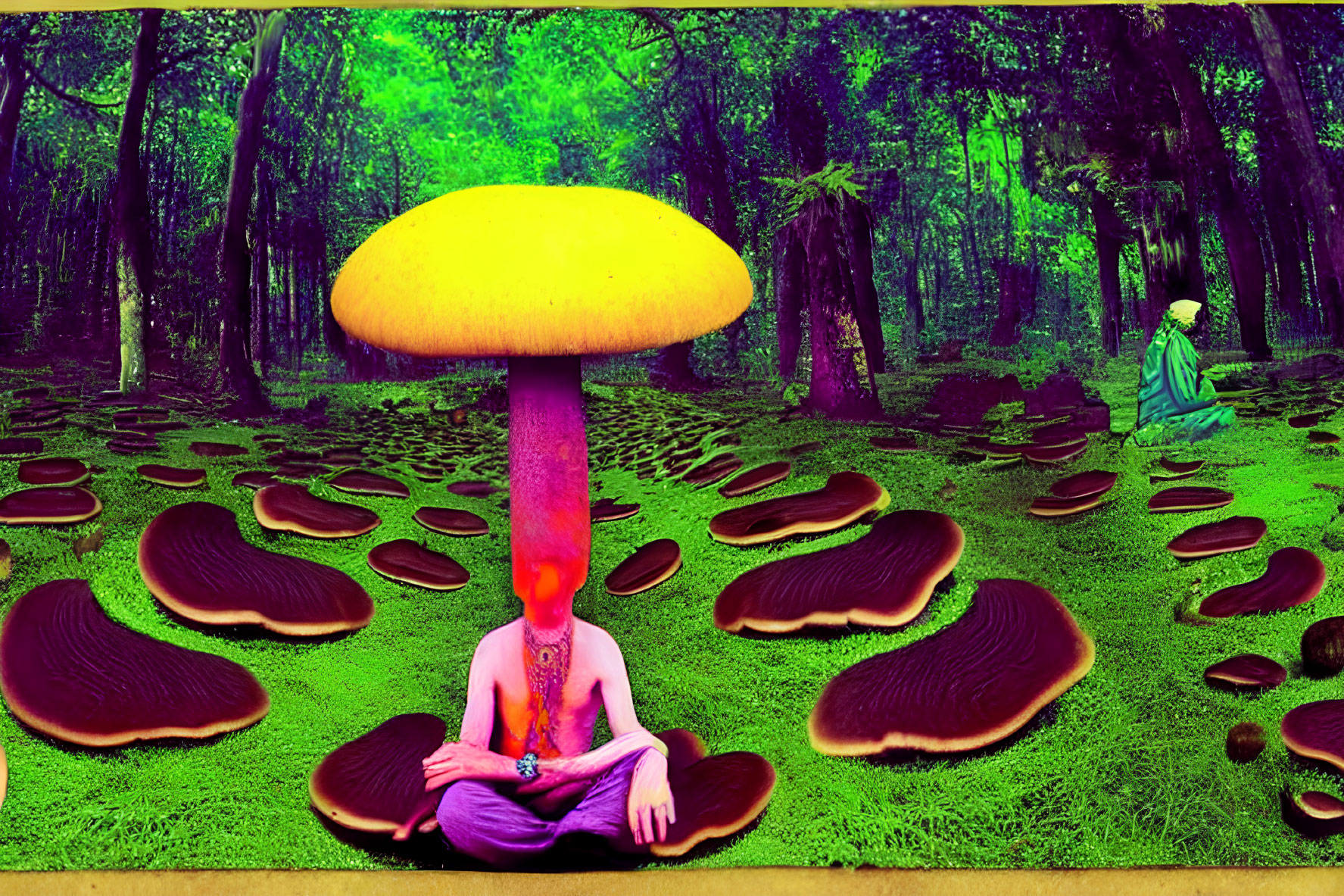 Vibrant surreal forest scene with oversized yellow-capped mushroom and meditating figure