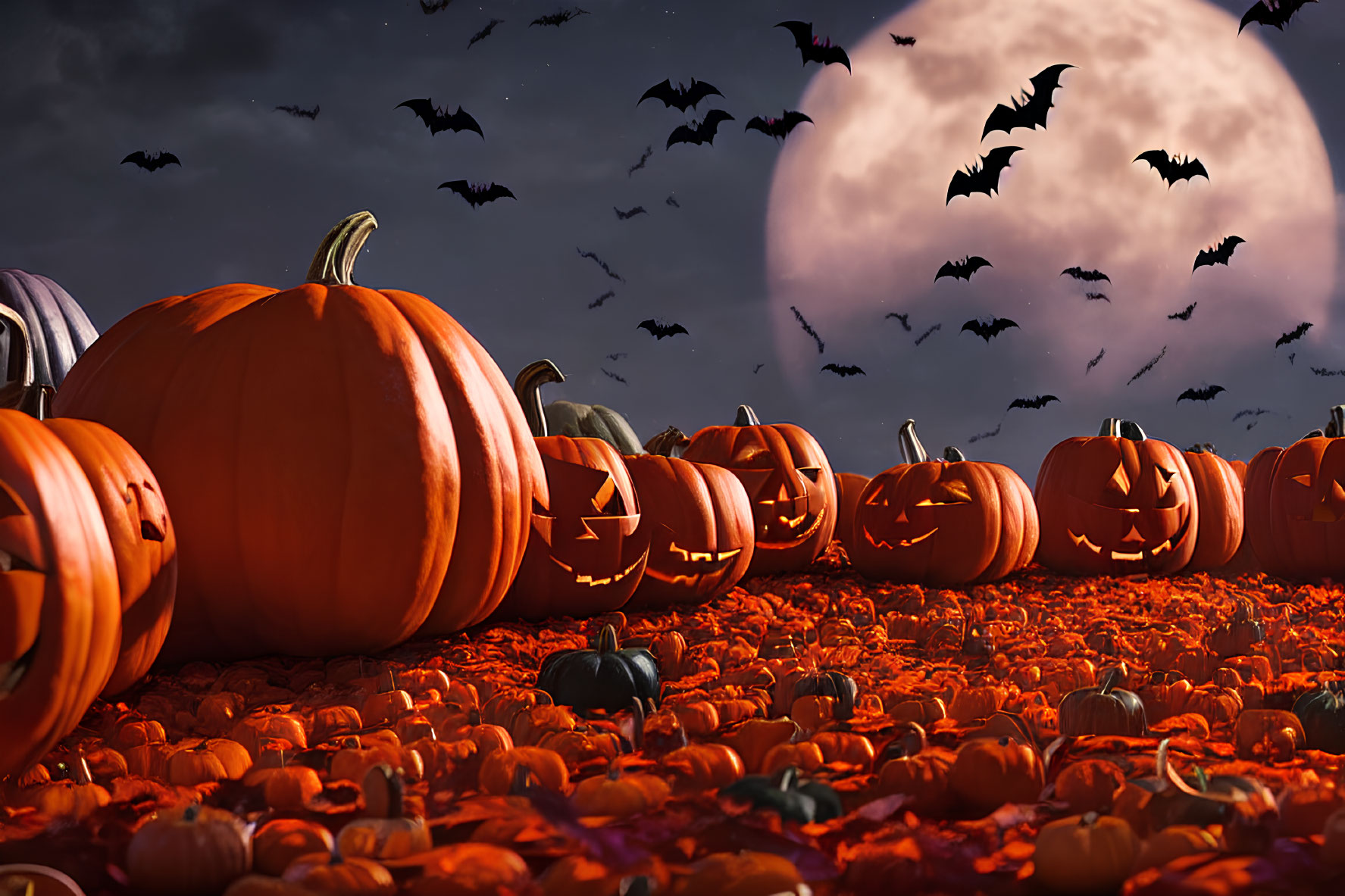 Field of Pumpkins and Jack-o'-lanterns under Full Moon and Bats
