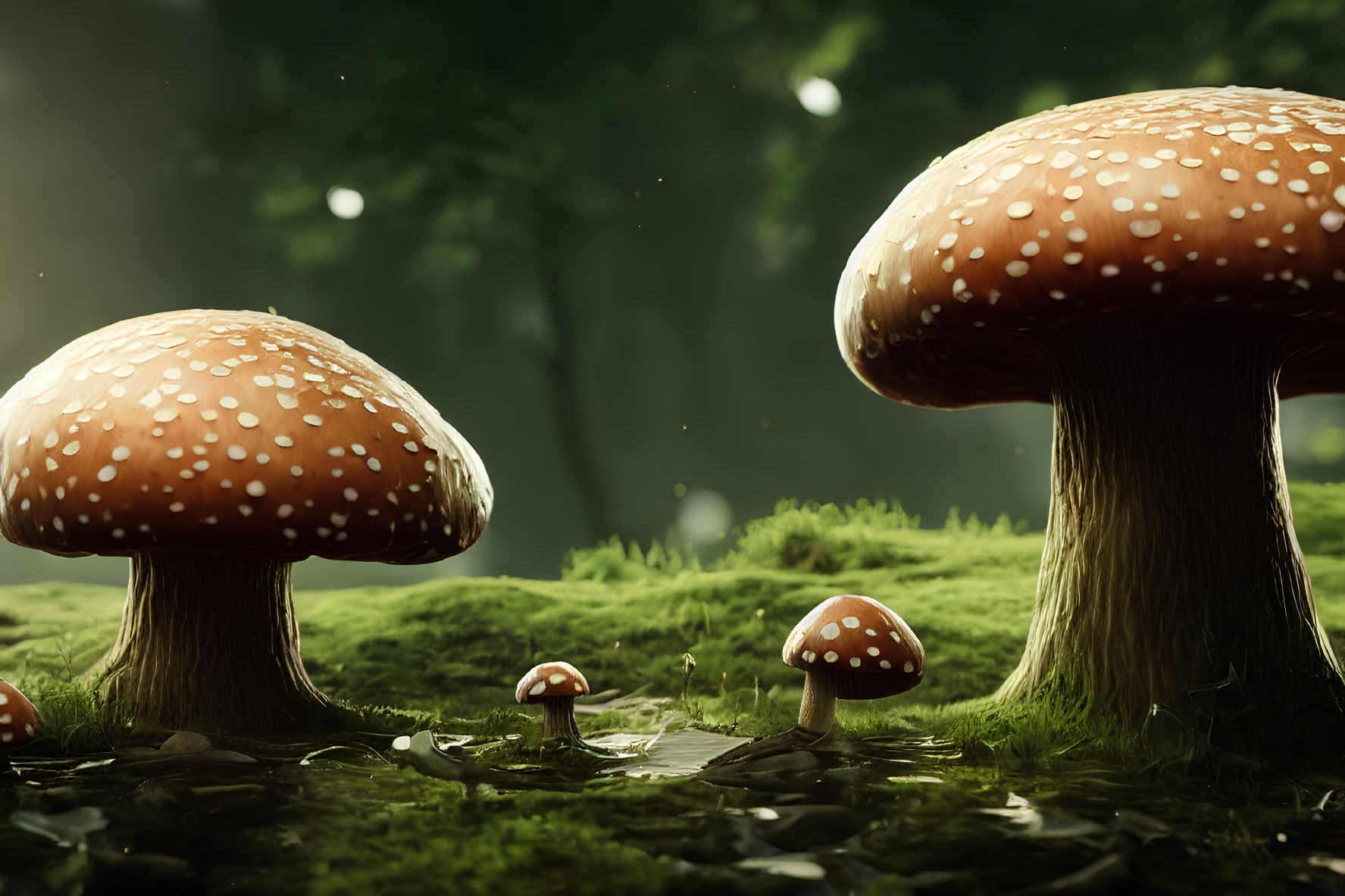 Whimsical, Spotted Mushroom Scene in Magical Forest