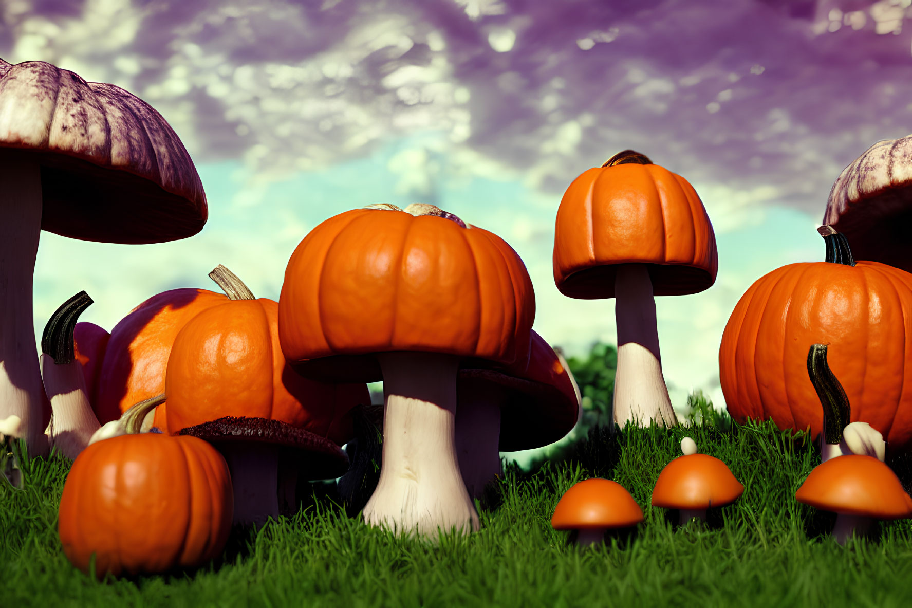 Autumnal pumpkins and mushrooms on grass under blue sky