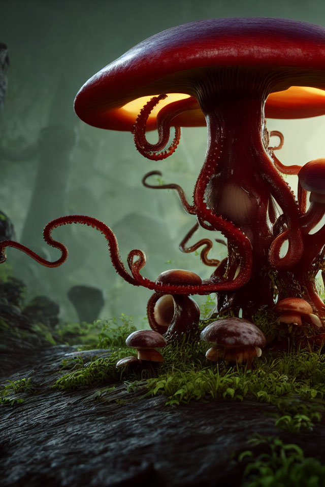 Giant red mushroom with tentacle-like gills in mystical forest scene