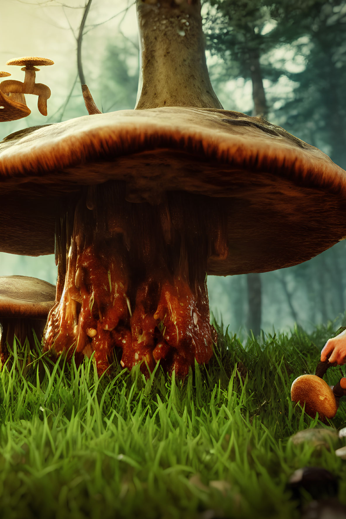 Enchanting forest scene with oversized mushrooms and lush greenery