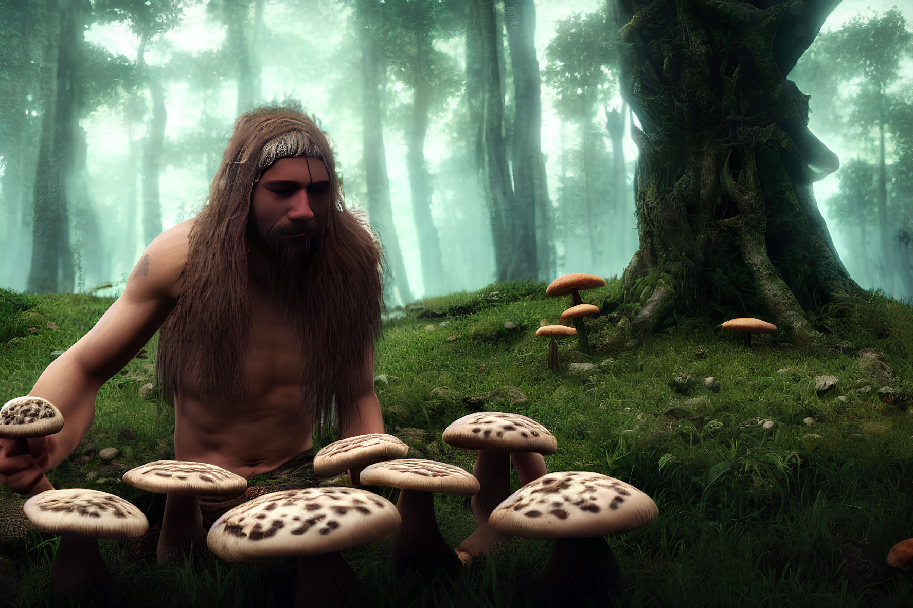 Bearded man foraging large spotted mushrooms in misty forest