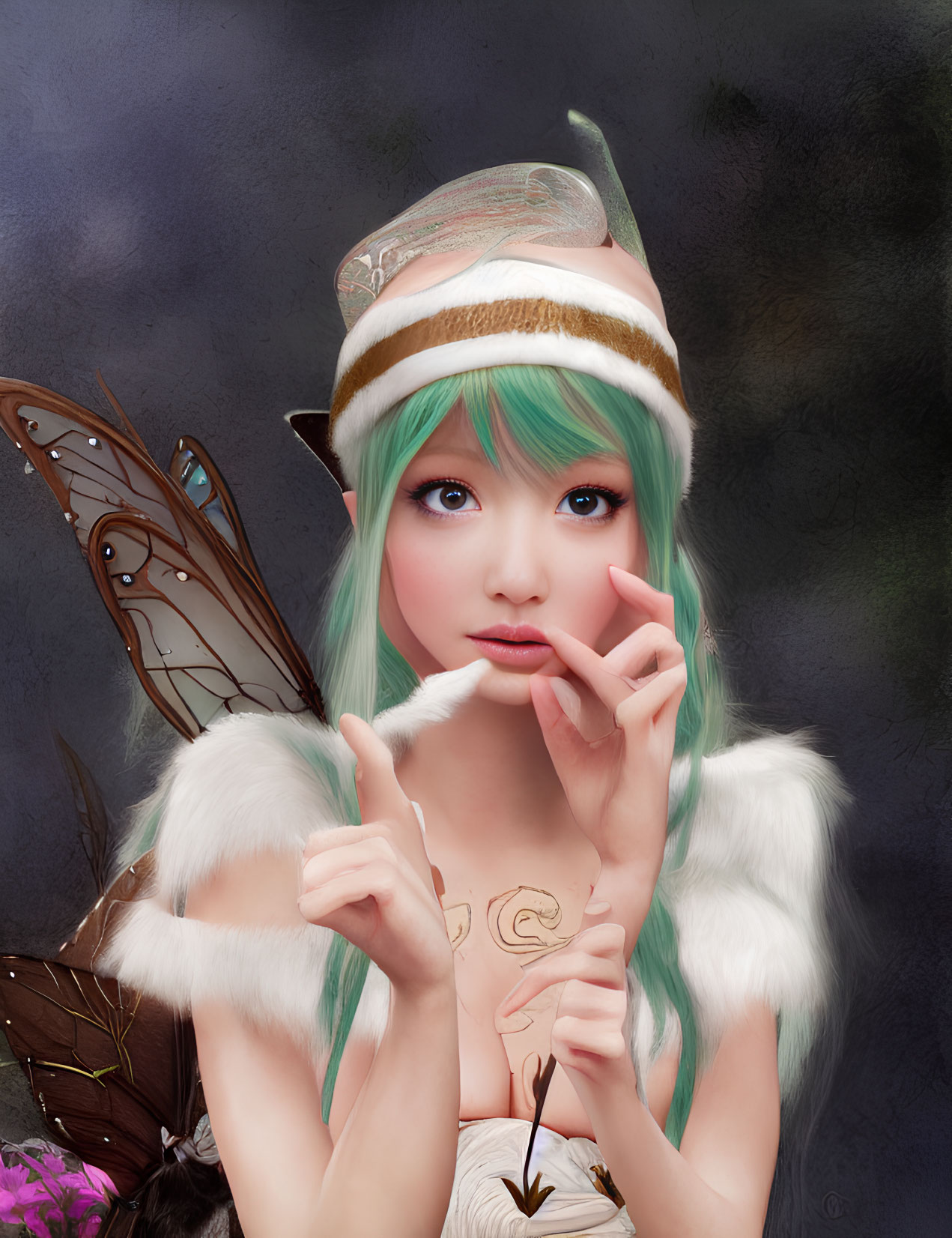 Fantastical image of female with teal hair and pointy ears, wearing fur hat and butterfly wing