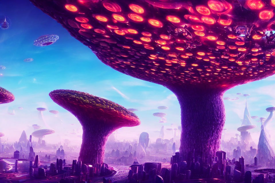 Alien cityscape with mushroom-like towers and flying saucers in purple sky