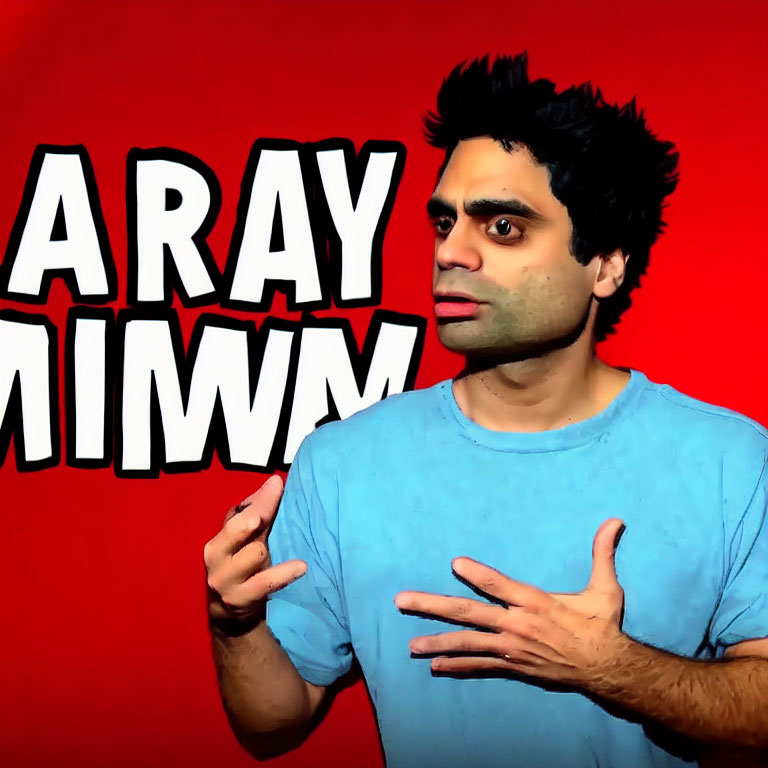 Surprised man with messy hair against red background with "ARAY MIYA" text