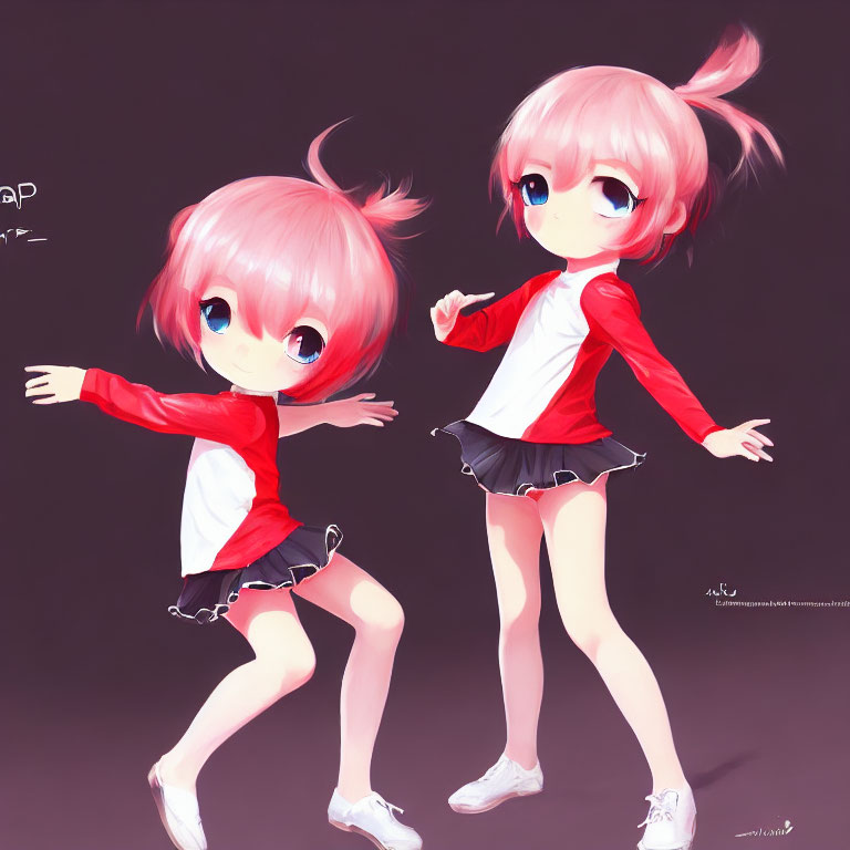 Anime-style characters with pink hair in red and white outfits posing on dark background