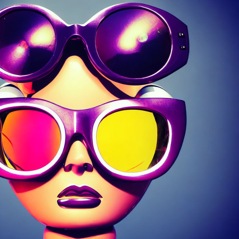 Mannequin head with oversized purple sunglasses on cool-toned background