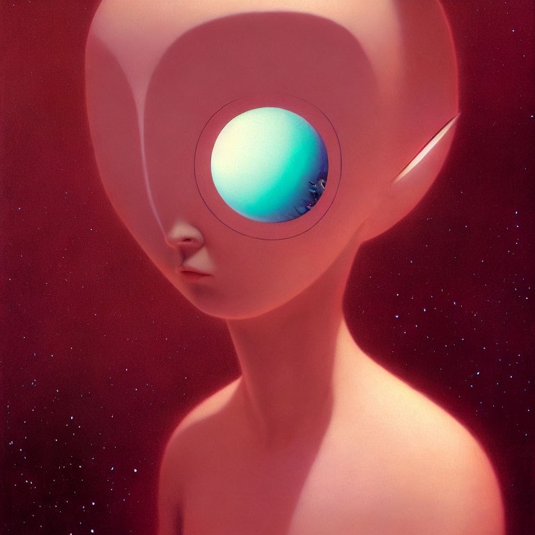 Surreal humanoid figure with cosmic void on red background