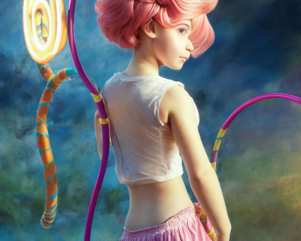 Portrait of person with pink hair in bun, facing away, with surreal colorful background.