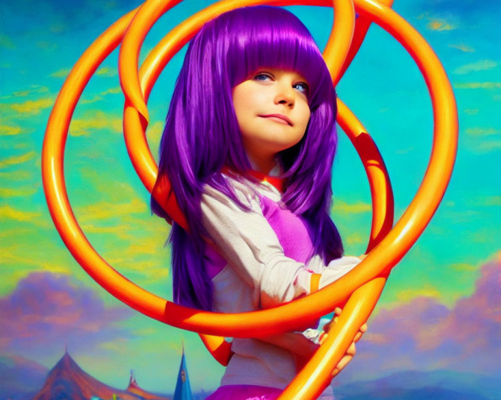 Child with Purple Hair and Pink Skirt in Colorful Scene