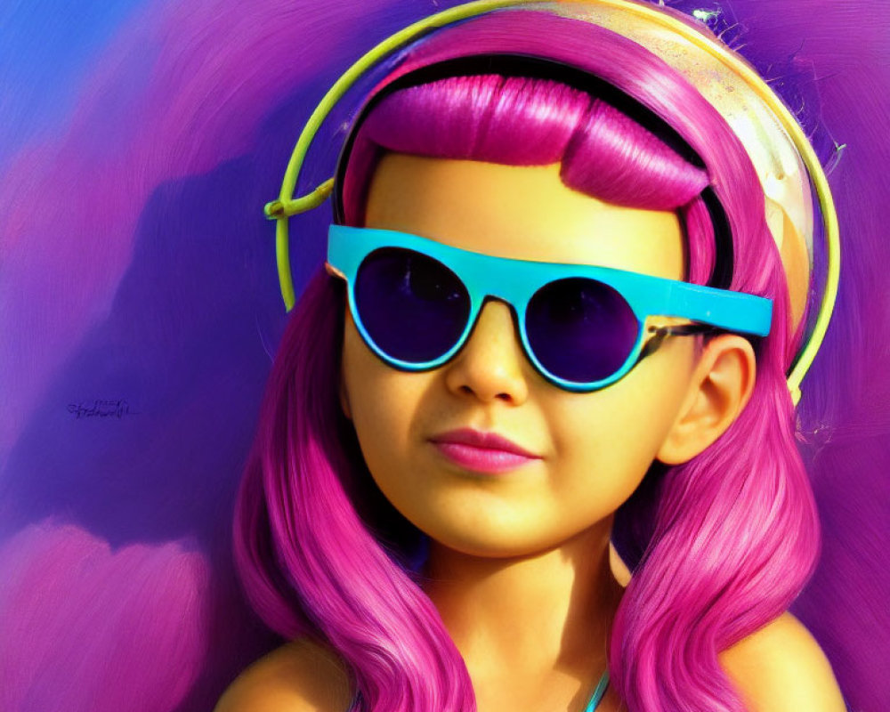 Colorful illustration of girl with pink hair and sunglasses on vibrant background.
