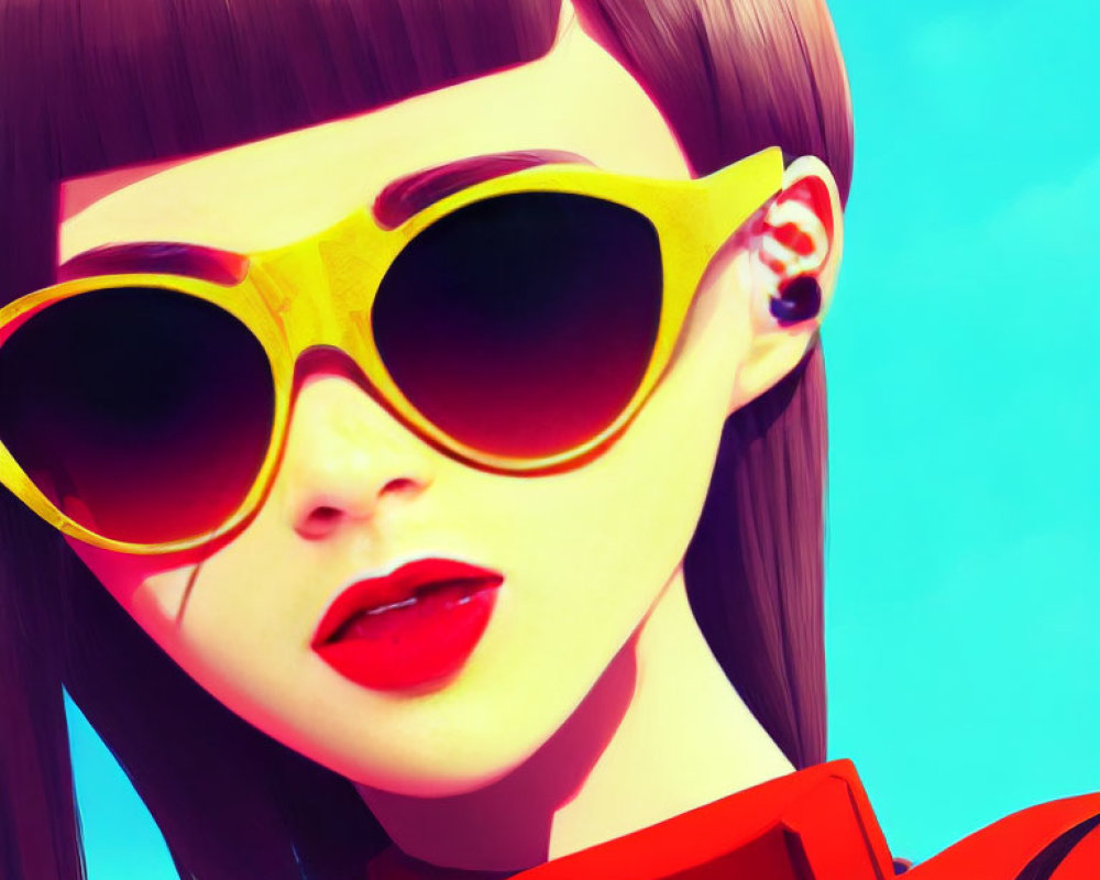Stylized female character with yellow sunglasses and red outfit against blue sky