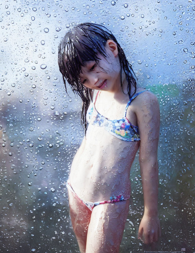 Young girl in floral swimsuit smiling behind wet glass pane on sunny day