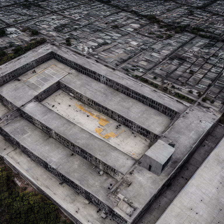 Abandoned industrial building with empty window frames in aerial view