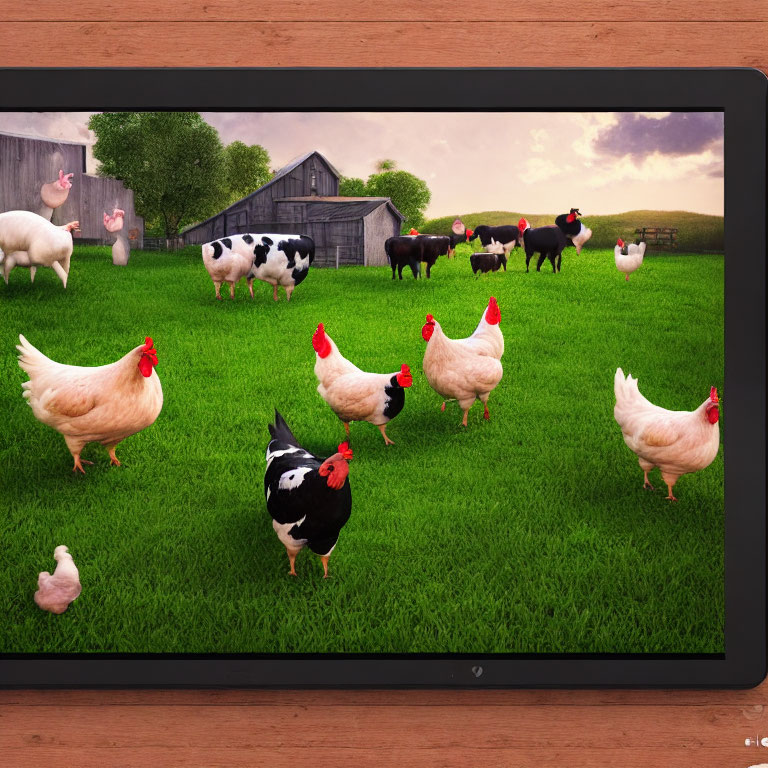 Digital tablet displaying chickens and sheep on pastoral farm with barn and green grass