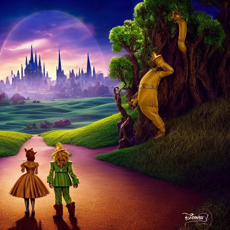 Famous characters on yellow brick road at sunset