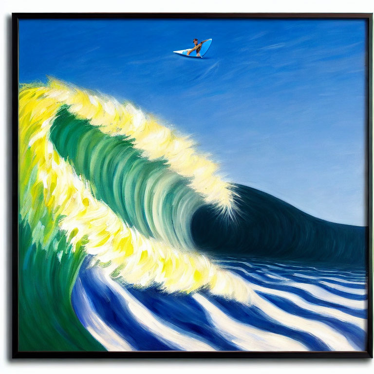 Surfer riding large ocean wave under blue sky