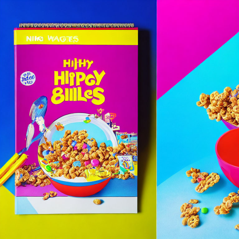 Vibrant image of notebook, magnifying glass, bowl, and cereal on blue and pink background