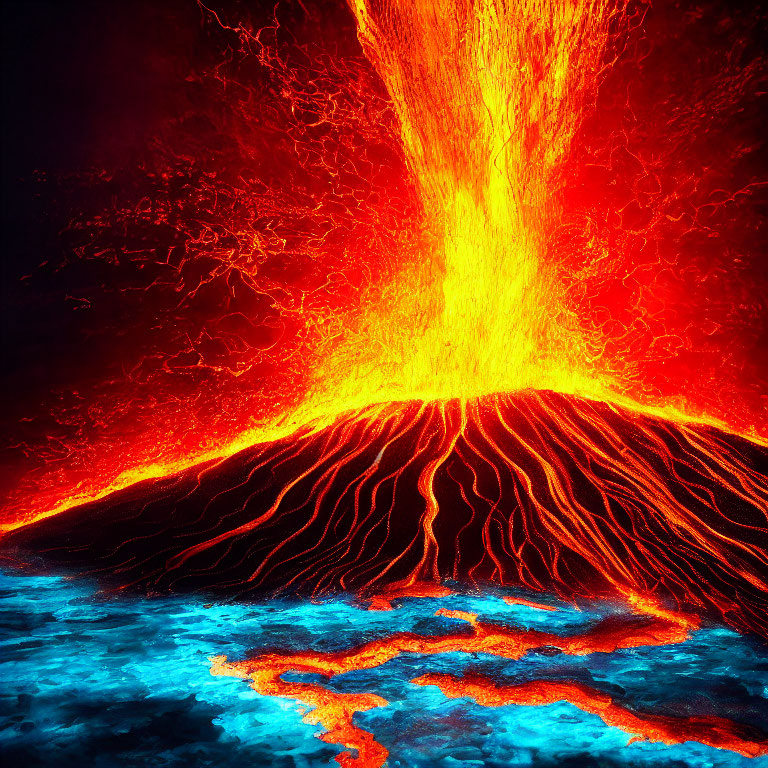 Volcanic eruption with lava streams meeting water and fiery explosion