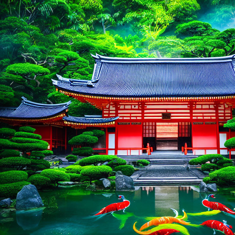 Traditional Japanese garden with red temple, lush greenery, and koi pond