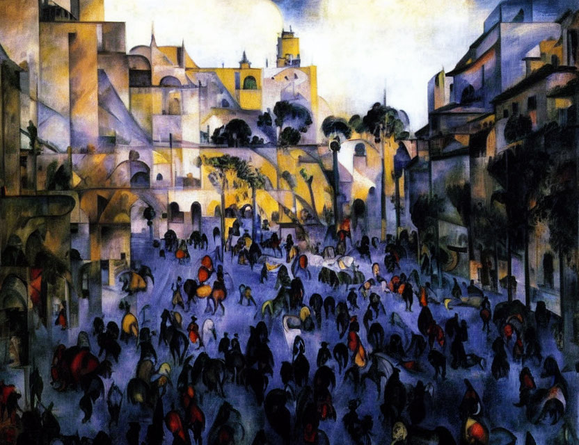 Vibrant painting of town square with people and buildings in yellow and blue hues
