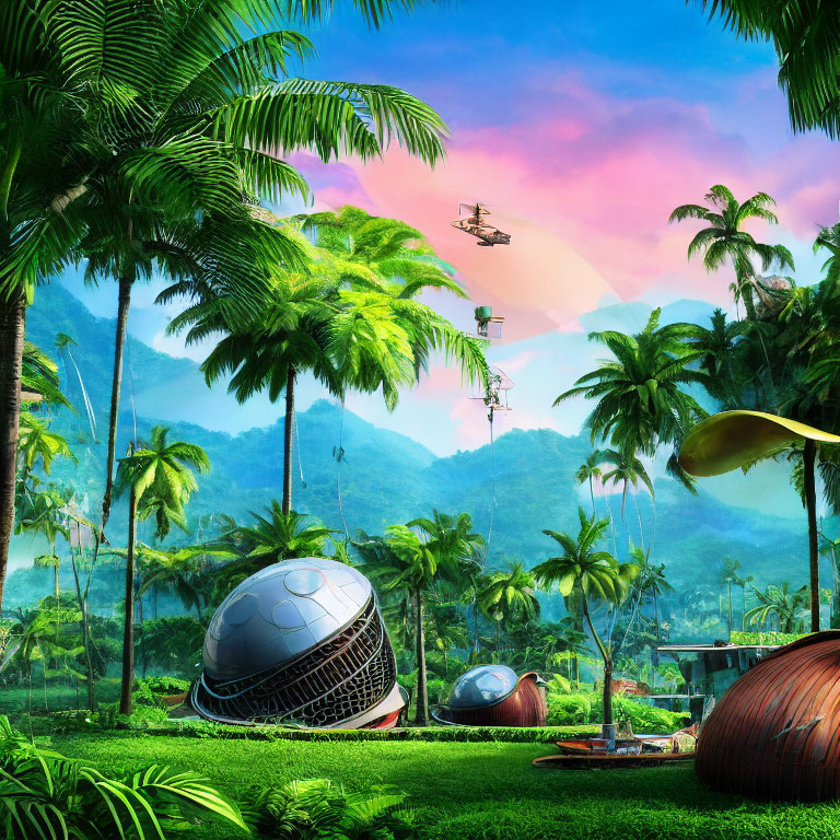 Futuristic landscape with dome-shaped buildings and flying vehicles in vibrant colors