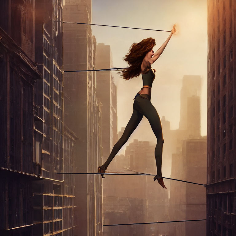 Graceful animated woman high-wire act in city landscape