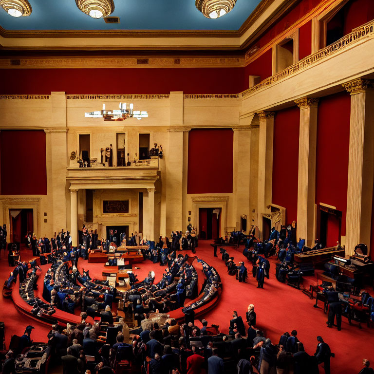 Legislative chamber with lawmakers in semicircular arrangement under warm red and gold decor
