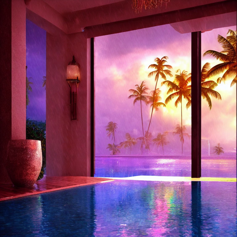 Luxurious poolside view of purple sunset over tropical ocean