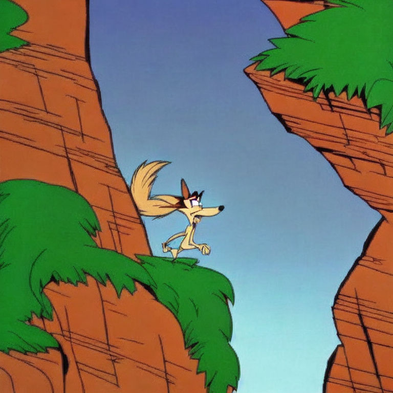 Cartoon coyote on cliff edge against blue sky