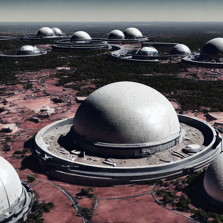 Large domed structures and vegetation in a futuristic desert cityscape.