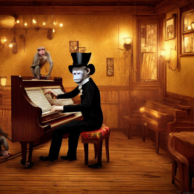 Vintage room with monkeys playing piano and observing in top hat